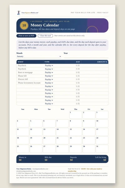 Money Calendar page preview
